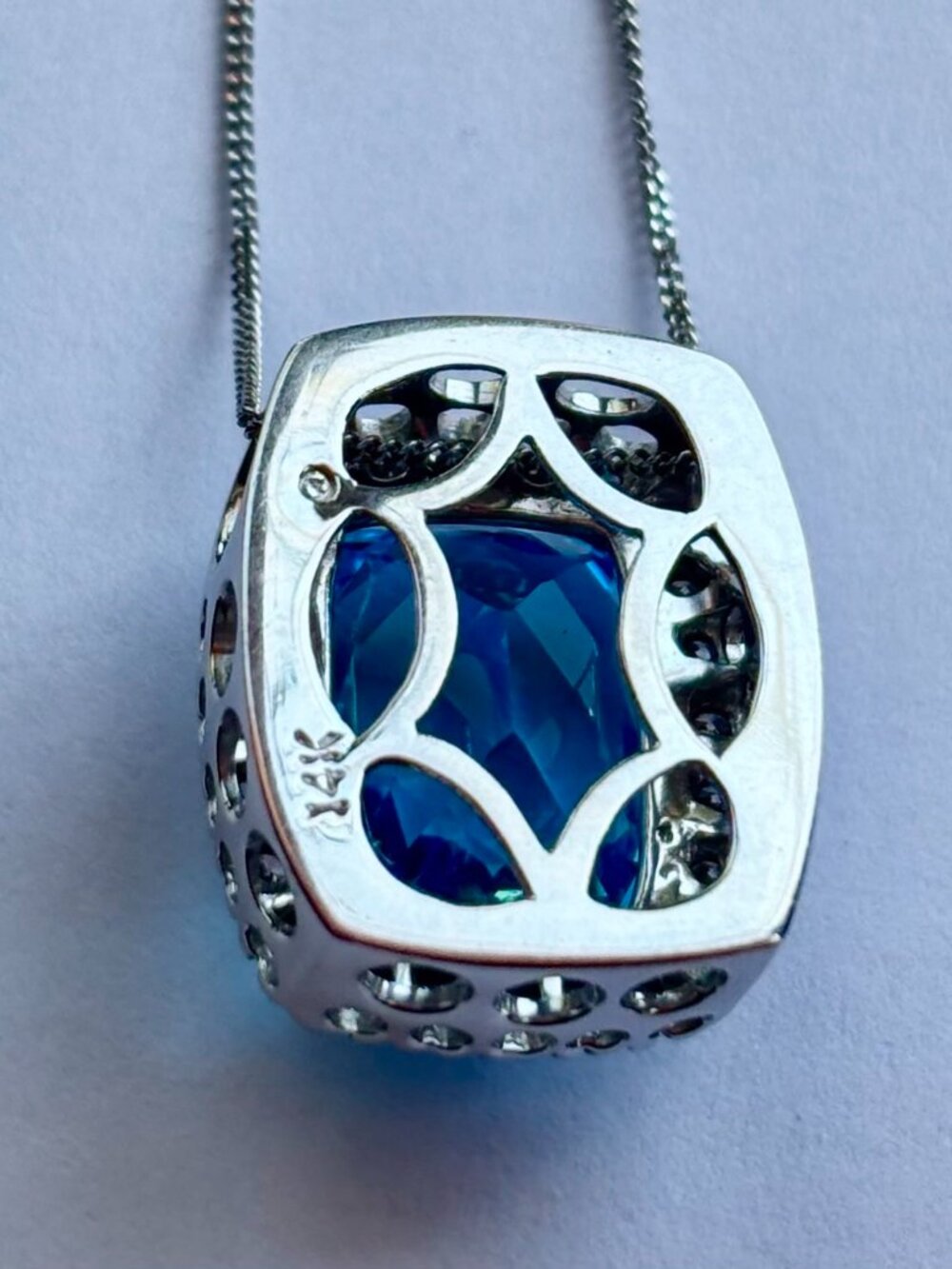 London Blue Topas and Diamonds Halo style 14k white gold Pendant with chain - Picture 6 of 9